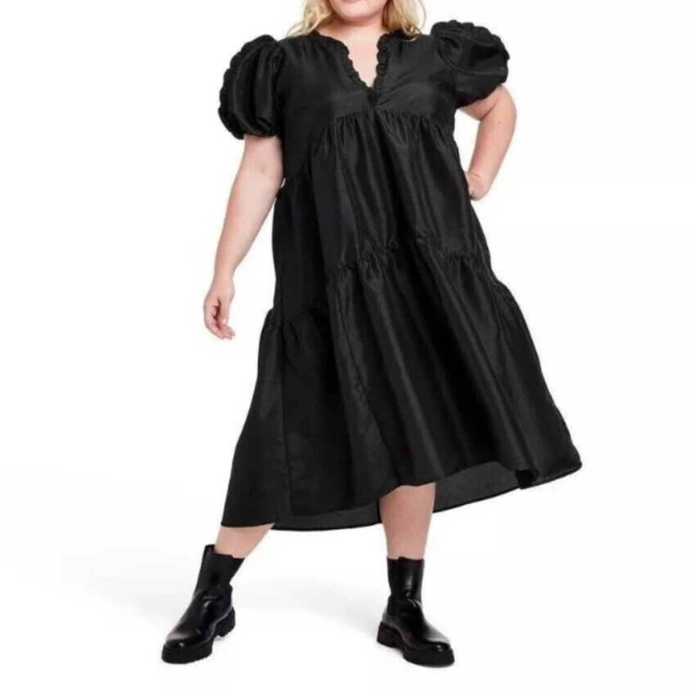 Kika Vargas XTarget Black Tiered Ruffle Edge Puff Sleeve Dress Black 4XL NWT